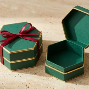 Custom Gift Hexagon Boxes, closed and open view in deep emerald green, bulk and wholesale with no minimum order