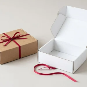 Custom Gift Mailer Boxes, closed and open view in natural kraft and white, bulk and wholesale with no minimum order