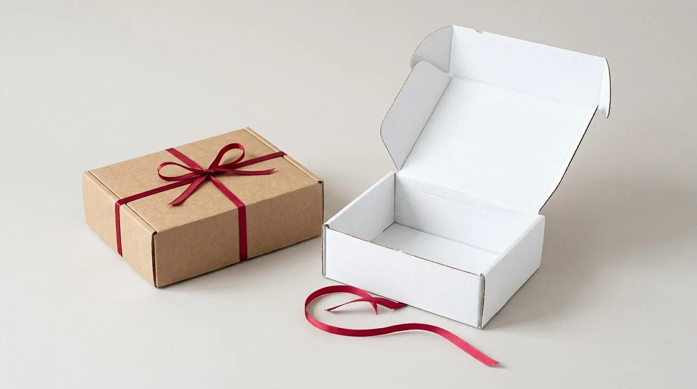 Custom Gift Mailer Boxes, closed and open view in natural kraft and white, bulk and wholesale with no minimum order