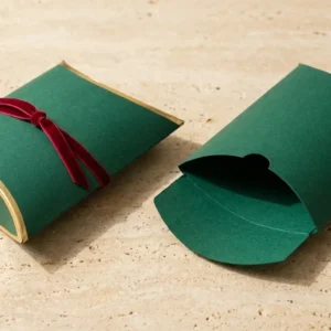 Custom Gift Pillow Box, closed and open view in deep emerald green, bulk and wholesale with no minimum order