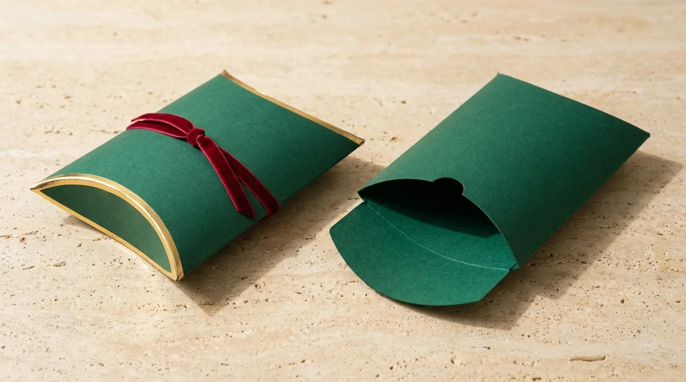 Custom Gift Pillow Box, closed and open view in deep emerald green, bulk and wholesale with no minimum order