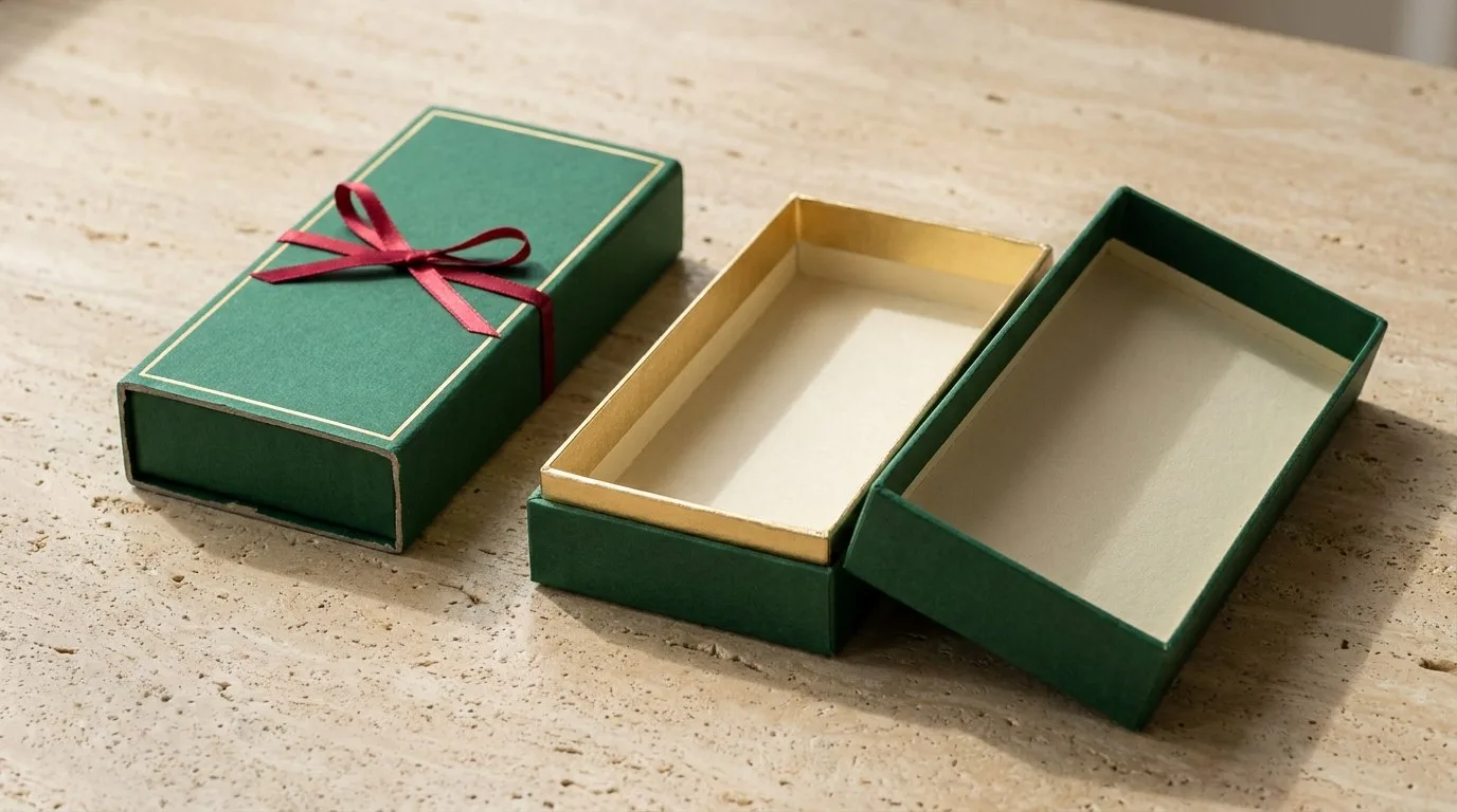 Custom Gift Sleeves, closed and open view in deep emerald green, bulk and wholesale with no minimum order