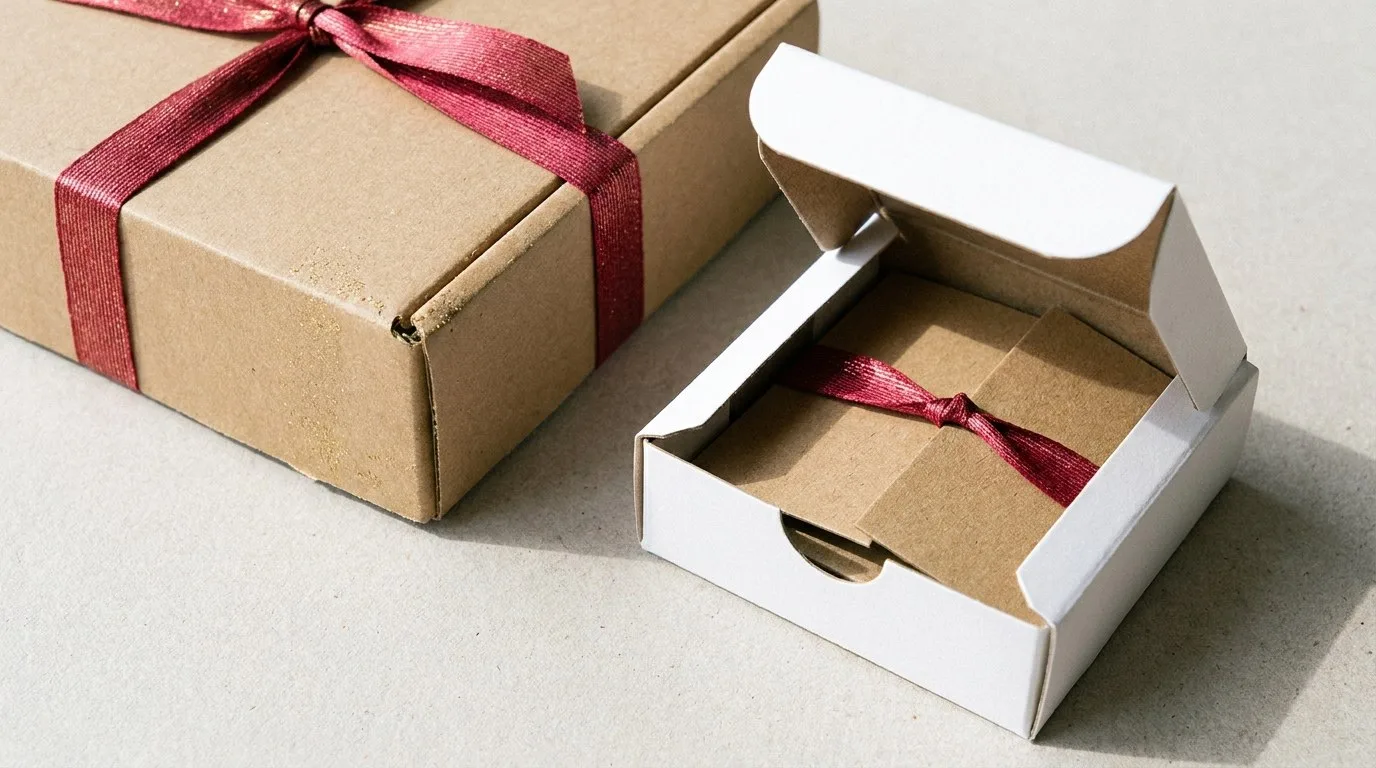 Custom Glitter Boxes, closed and open view in natural kraft and white, bulk and wholesale with no minimum order