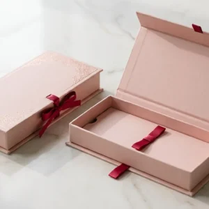 Custom Hair Extension Boxes, closed and open view in soft blush pink, bulk and wholesale with no minimum order