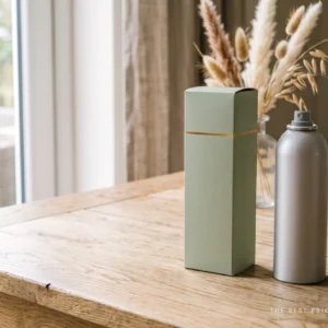 Custom hairspray packaging in soft sage, a tall slim carton with a gold foil band, standing beside a plain aerosol can.