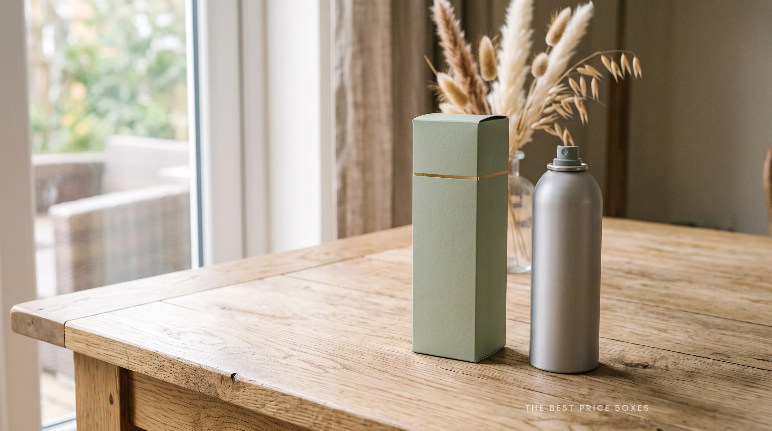 Custom hairspray packaging in soft sage, a tall slim carton with a gold foil band, standing beside a plain aerosol can.