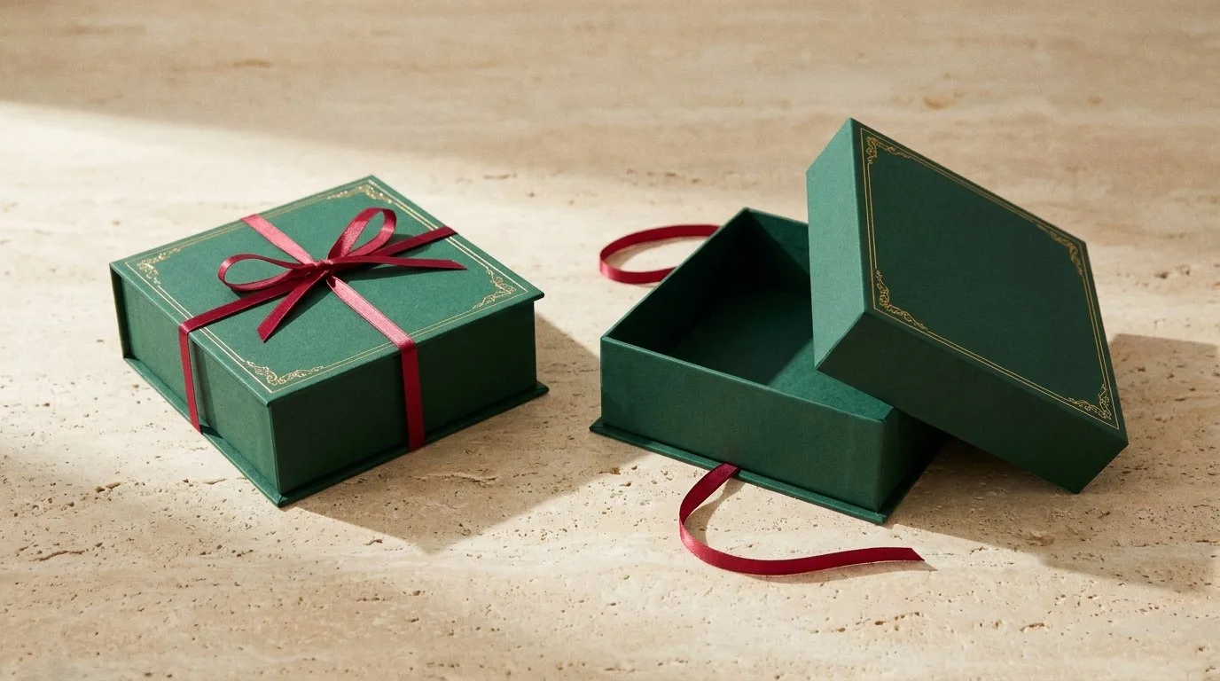 Custom Halloween Gift Boxes, closed and open view in deep emerald green, bulk and wholesale with no minimum order