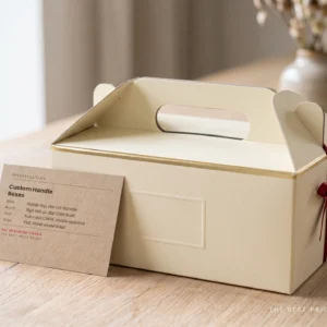 Custom handle box in butter cream with a gable top and die cut carry handle, next to a kraft spec card listing board, print and shipping options.