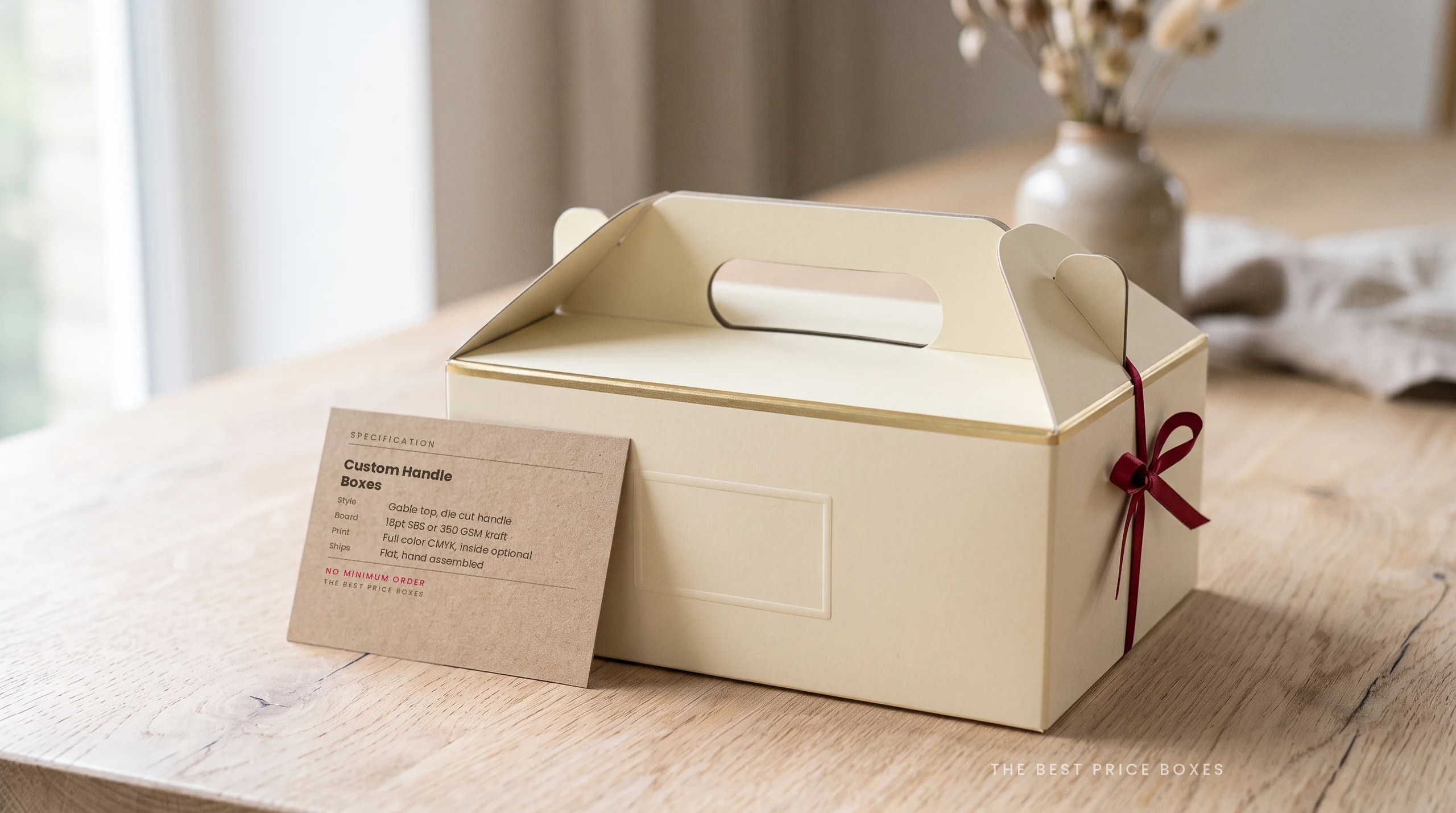 Custom handle box in butter cream with a gable top and die cut carry handle, next to a kraft spec card listing board, print and shipping options.