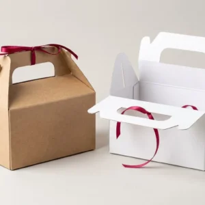 Custom Handle Gable Boxes, closed and open view in natural kraft and white, bulk and wholesale with no minimum order