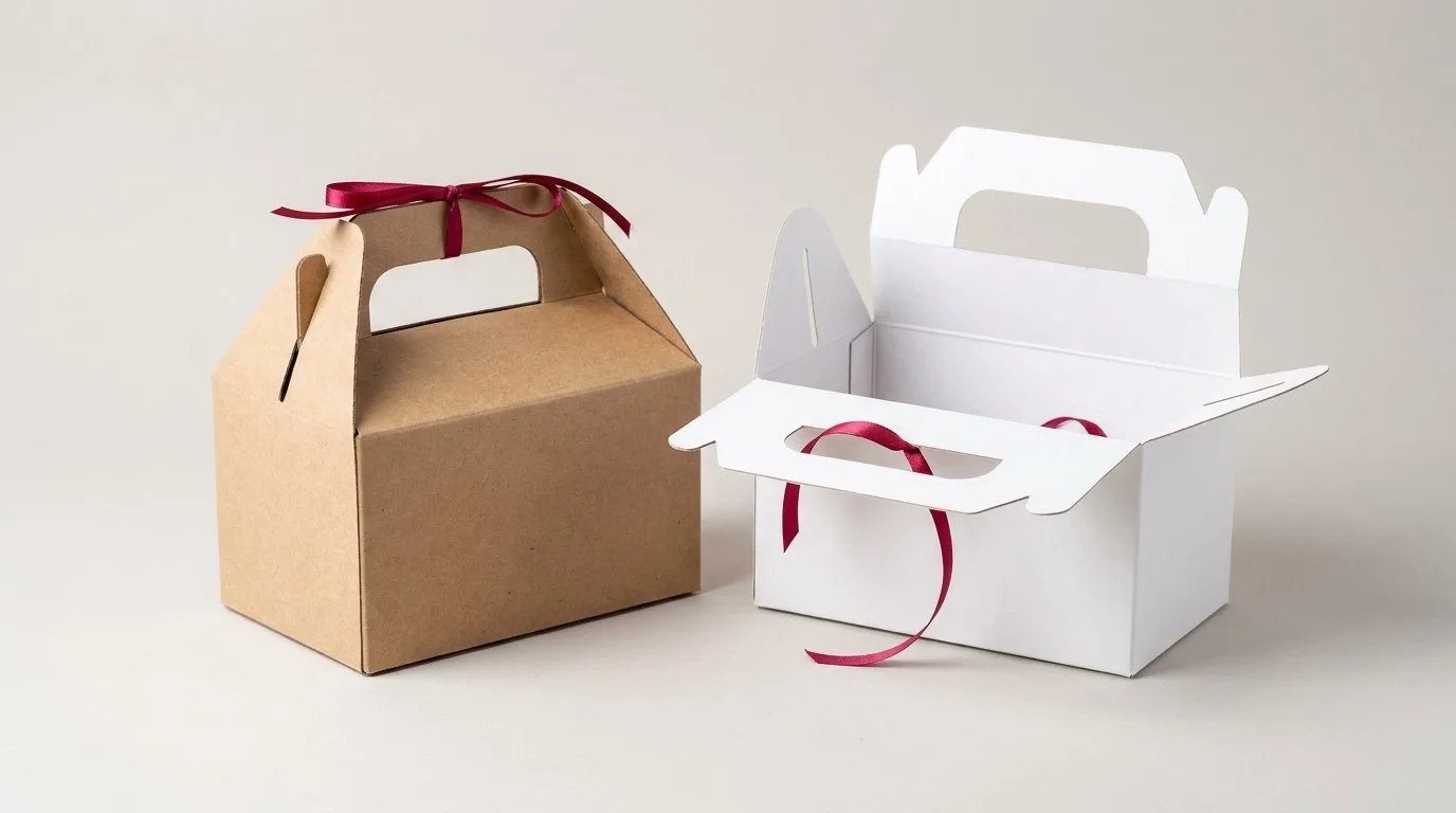 Custom Handle Gable Boxes, closed and open view in natural kraft and white, bulk and wholesale with no minimum order
