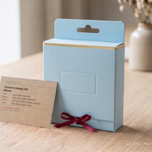 Custom hang tab box in powder blue with a die cut euro slot header, next to a kraft spec card listing board, print and shipping options.