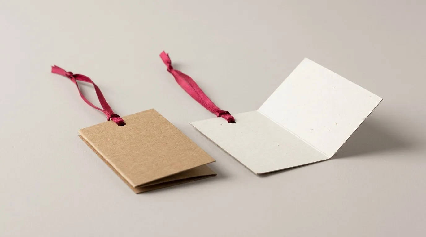 Custom Hang Tags, closed and open view in natural kraft and white, bulk and wholesale with no minimum order