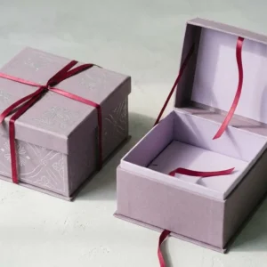 Custom Hat Packaging, closed and open view in dusty lavender, bulk and wholesale with no minimum order
