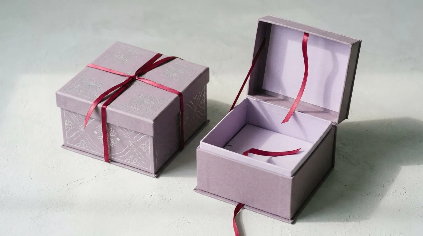 Custom Hat Packaging, closed and open view in dusty lavender, bulk and wholesale with no minimum order