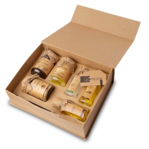 Custom health care box in kraft with a hinged lid, opened to show products held in a fitted insert.