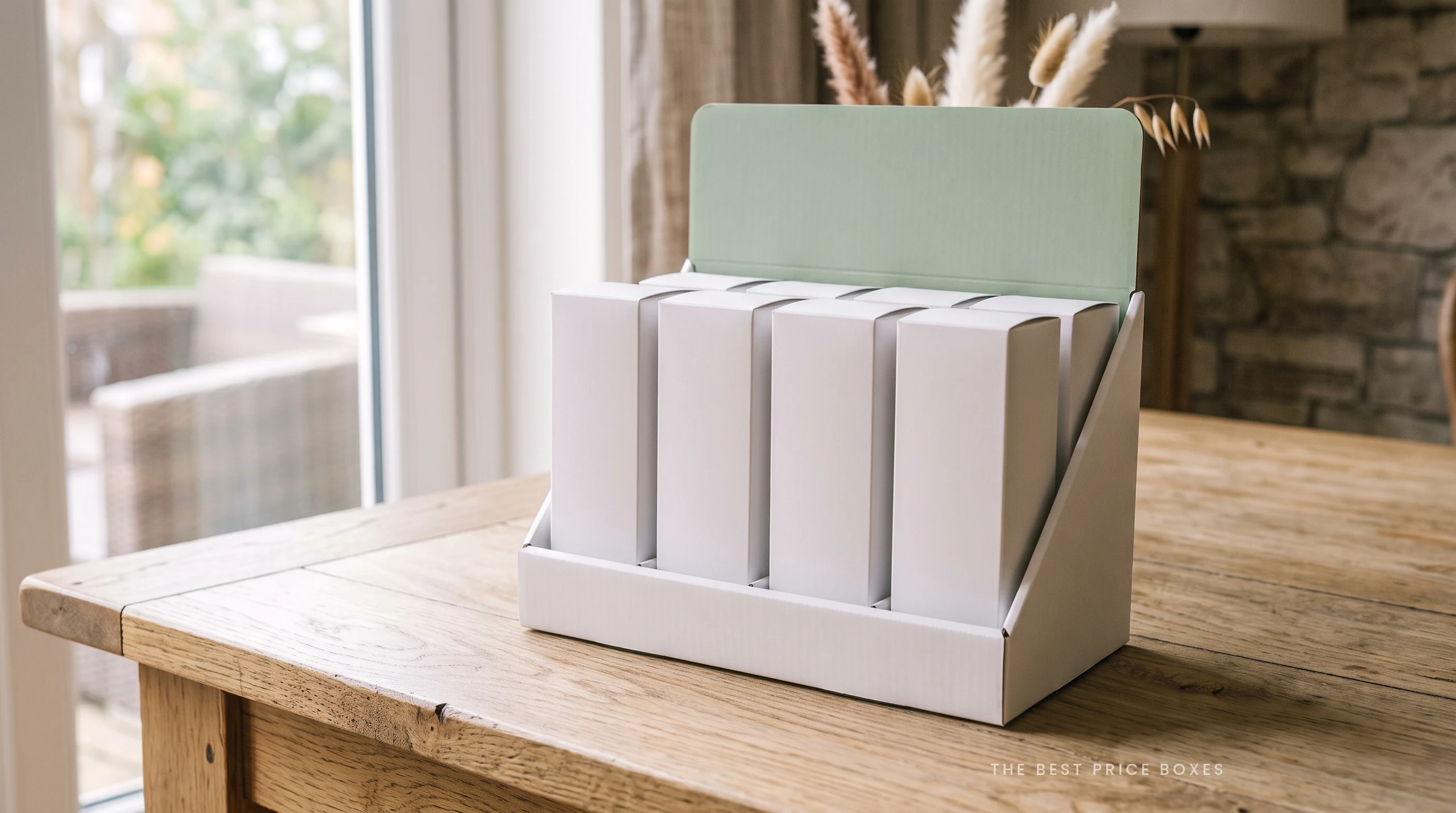 Custom health counter display box in white with a soft sage header panel folded up at the back, holding five white cartons upright in a row.