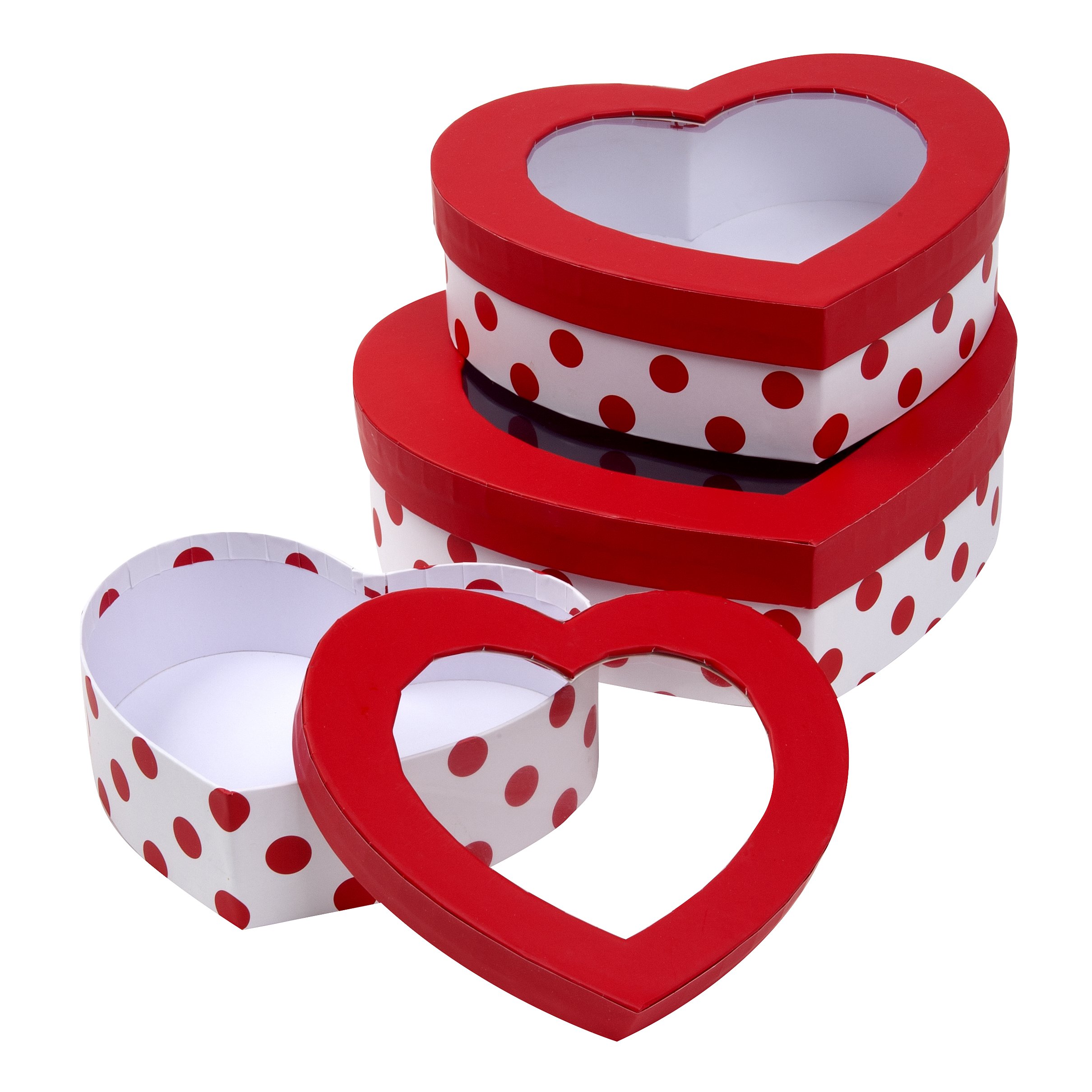 Custom heart shaped boxes in red and white with polka dot print, stacked with one lid removed.