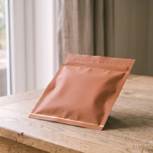 Custom heat seal mylar bag in warm clay with a matte finish, a clean straight heat seal across the top and a gold foil line along the base.