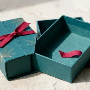 Custom Hemp Boxes, closed and open view in deep teal, bulk and wholesale with no minimum order