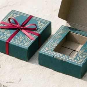 Custom Hemp Packaging Boxes, closed and open view in deep teal, bulk and wholesale with no minimum order