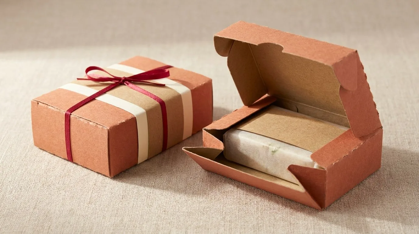 Custom Herbal Soap Boxes, closed and open view in warm terracotta, bulk and wholesale with no minimum order