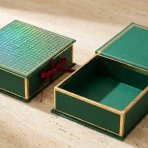 Custom Holographic Foiling Boxes, closed and open view in deep emerald green, bulk and wholesale with no minimum order