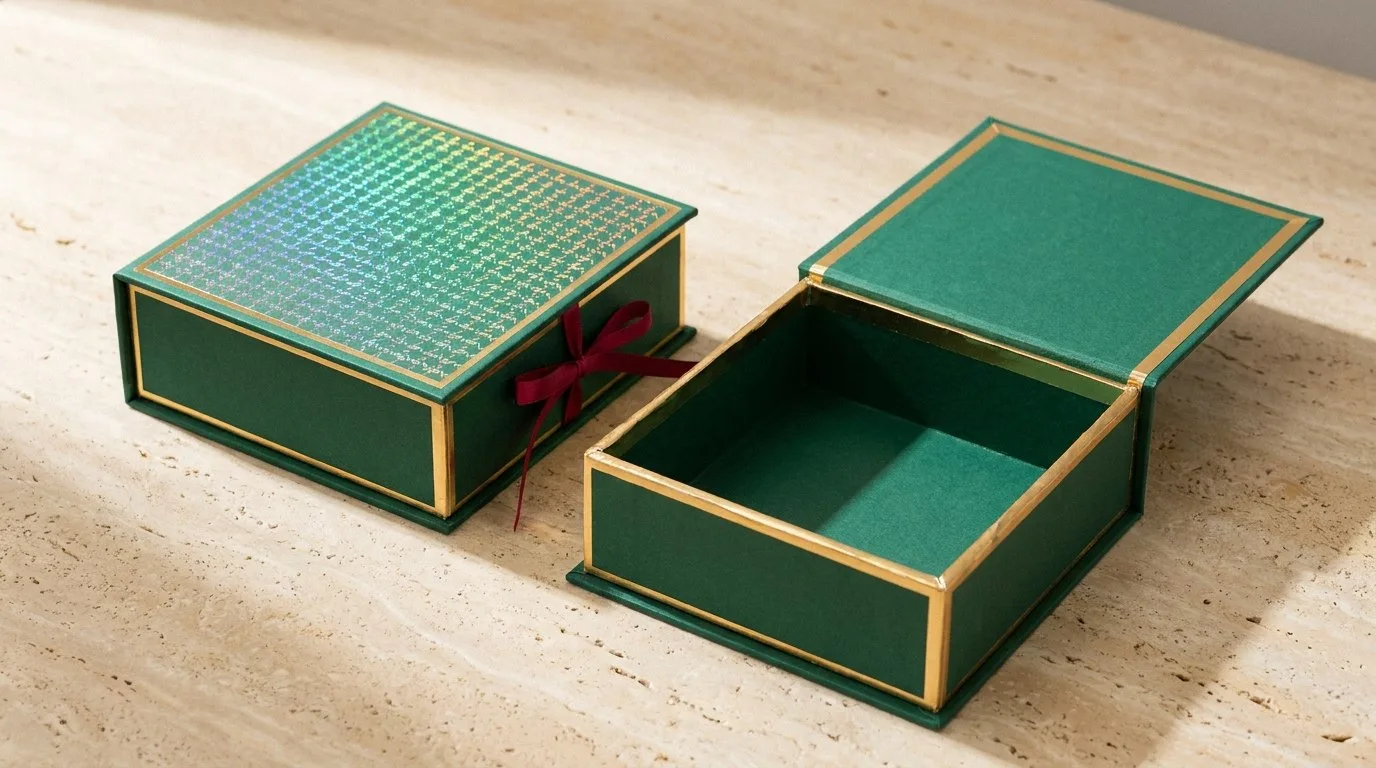 Custom Holographic Foiling Boxes, closed and open view in deep emerald green, bulk and wholesale with no minimum order