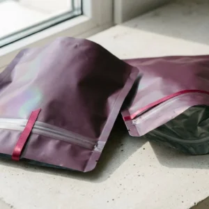 Custom Holographic Mylar Bags, closed and open view in deep plum, bulk and wholesale with no minimum order