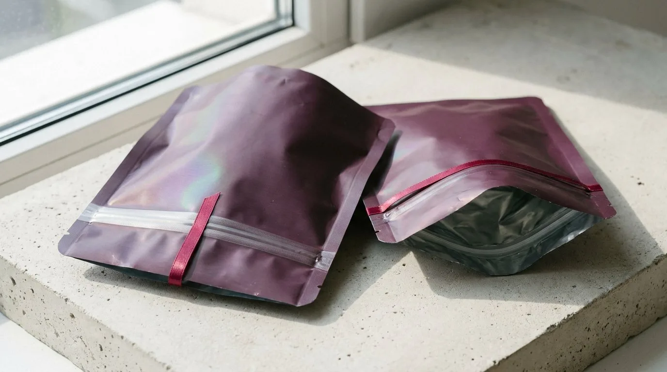 Custom Holographic Mylar Bags, closed and open view in deep plum, bulk and wholesale with no minimum order