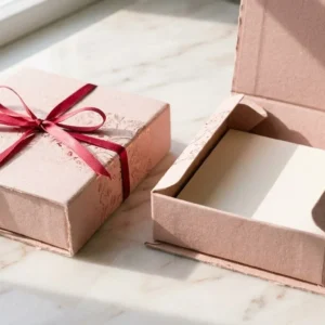 Custom Invitation Boxes, closed and open view in soft blush pink, bulk and wholesale with no minimum order