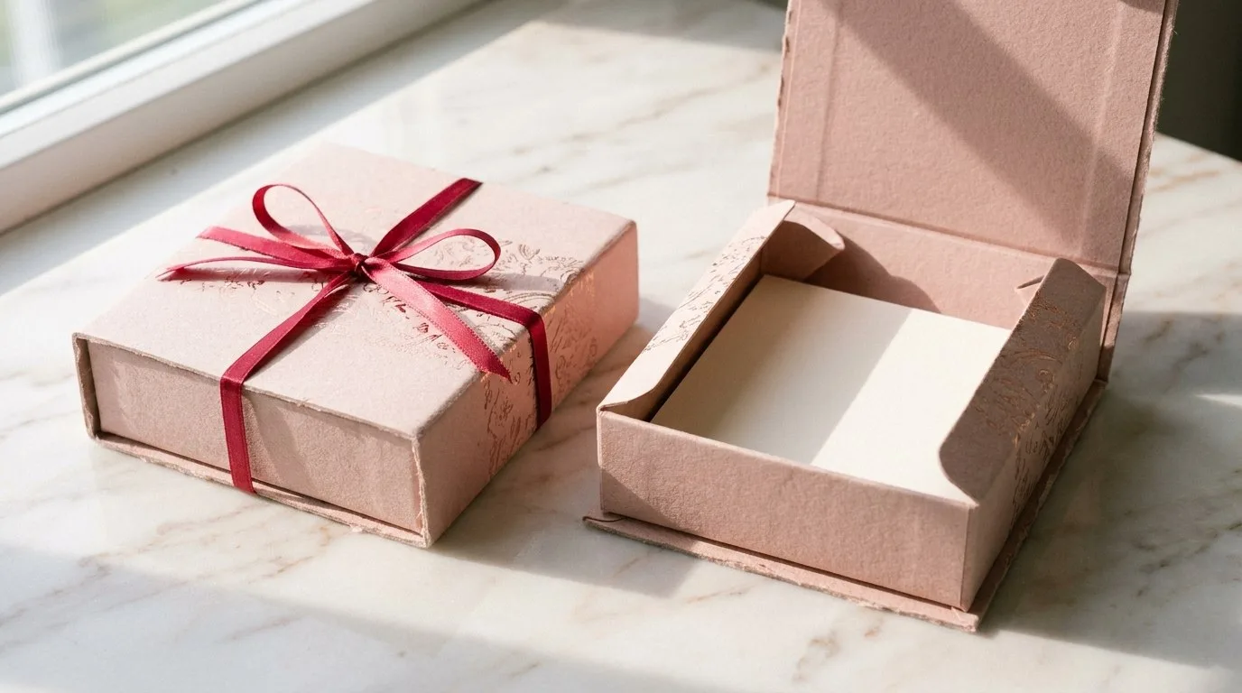 Custom Invitation Boxes, closed and open view in soft blush pink, bulk and wholesale with no minimum order