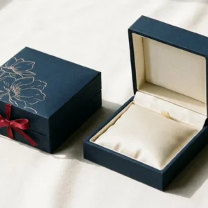 Custom Jewelry Boxes, closed and open view in midnight navy, bulk and wholesale with no minimum order