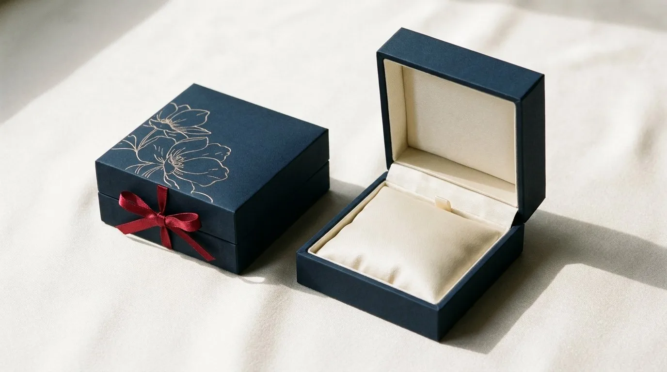 Custom Jewelry Boxes, closed and open view in midnight navy, bulk and wholesale with no minimum order
