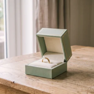 Custom jewelry box in soft sage with a gold foil border, lid hinged open to show a cream velvet pad holding a plain gold band.
