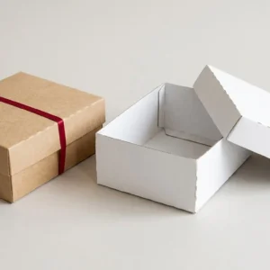 Custom Kraft Boxes with Lid, closed and open view in natural kraft and white, bulk and wholesale with no minimum order