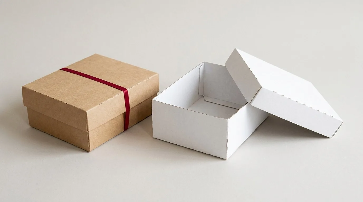 Custom Kraft Boxes with Lid, closed and open view in natural kraft and white, bulk and wholesale with no minimum order