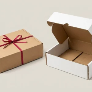 Custom Kraft Corrugated Boxes, closed and open view in natural kraft and white, bulk and wholesale with no minimum order