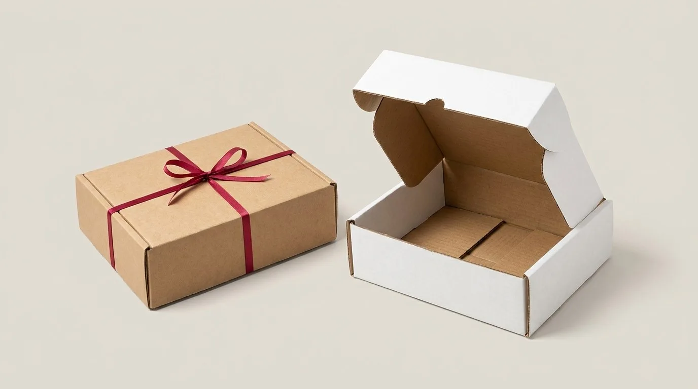 Custom Kraft Corrugated Boxes, closed and open view in natural kraft and white, bulk and wholesale with no minimum order