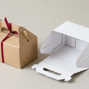 Custom Kraft Gable Boxes, closed and open view in natural kraft and white, bulk and wholesale with no minimum order