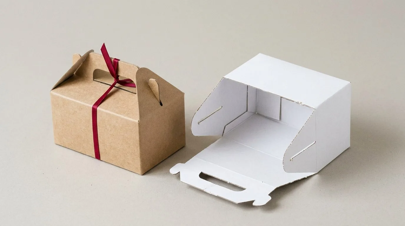 Custom Kraft Gable Boxes, closed and open view in natural kraft and white, bulk and wholesale with no minimum order