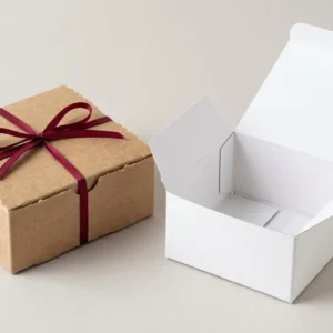 Custom Kraft Gift Boxes, closed and open view in natural kraft and white, bulk and wholesale with no minimum order