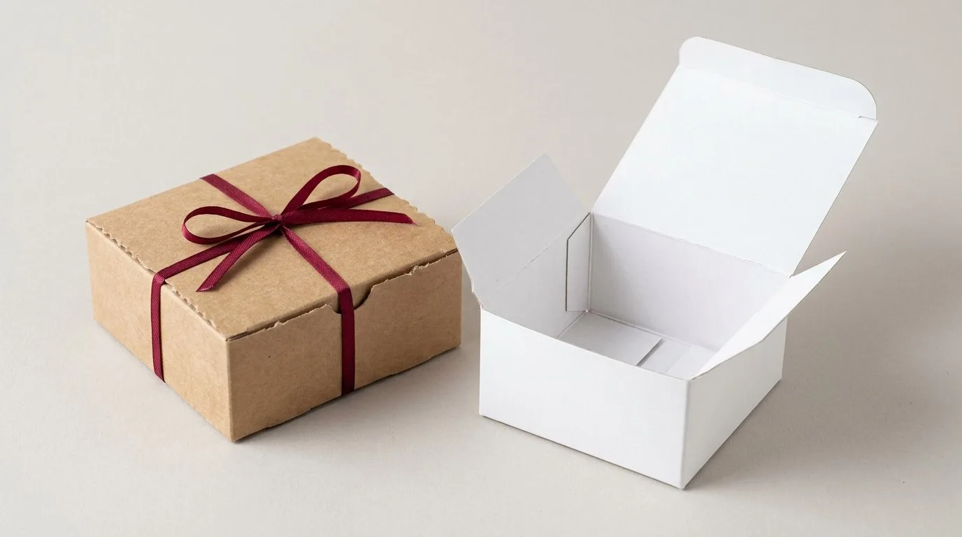 Custom Kraft Gift Boxes, closed and open view in natural kraft and white, bulk and wholesale with no minimum order