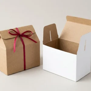 Custom Kraft Paper Gable Boxes, closed and open view in natural kraft and white, bulk and wholesale with no minimum order