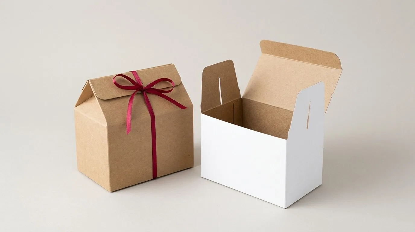 Custom Kraft Paper Gable Boxes, closed and open view in natural kraft and white, bulk and wholesale with no minimum order