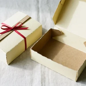 Custom Kraft Take Out Boxes, closed and open view in butter cream, bulk and wholesale with no minimum order