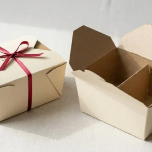 Custom Kraft Takeout Boxes, closed and open view in butter cream, bulk and wholesale with no minimum order