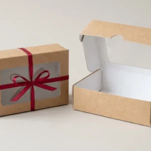 Custom Kraft Window Boxes, closed and open view in natural kraft and white, bulk and wholesale with no minimum order
