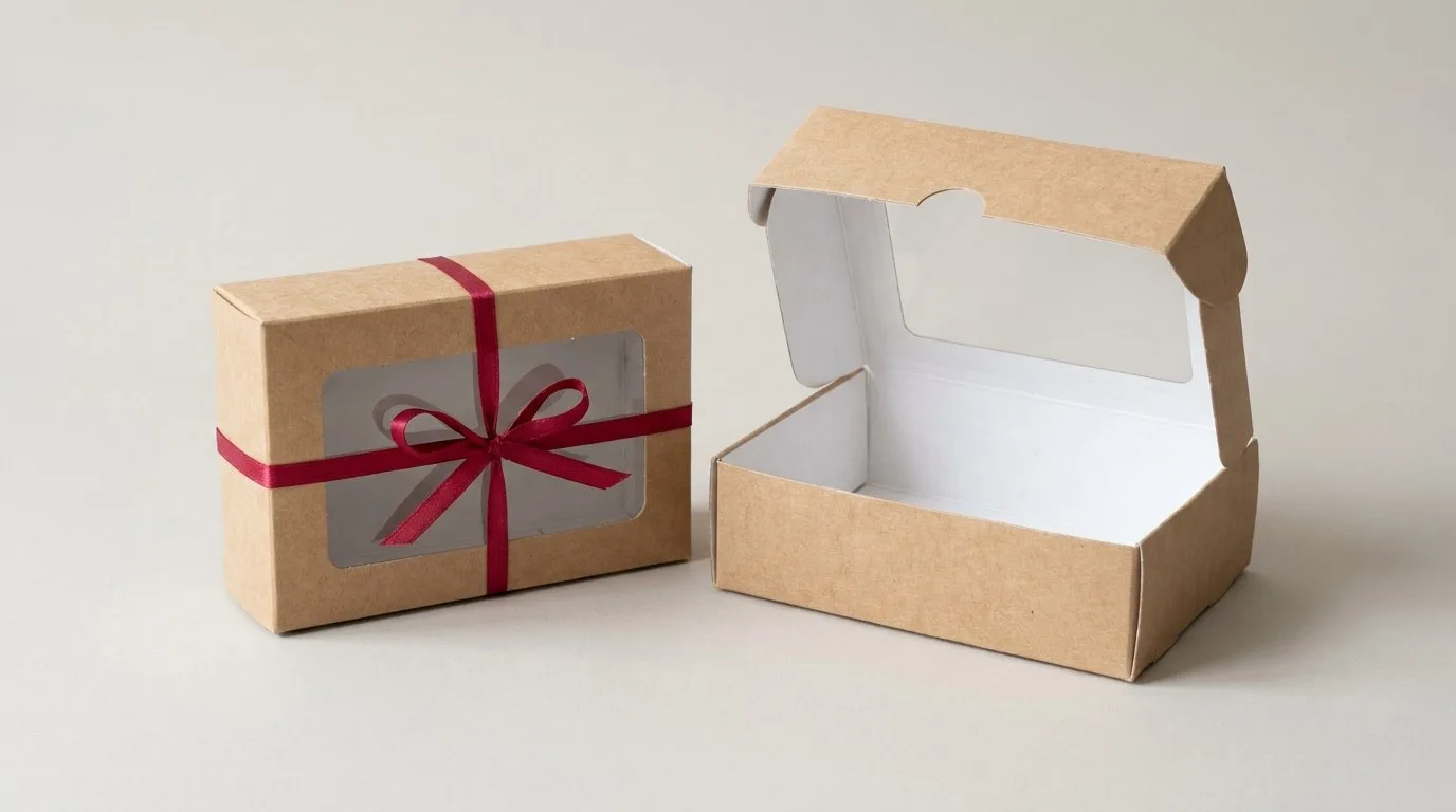 Custom Kraft Window Boxes, closed and open view in natural kraft and white, bulk and wholesale with no minimum order