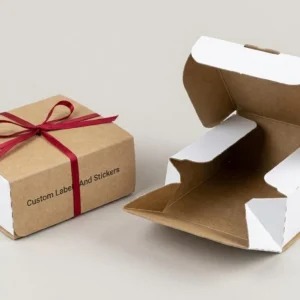 Custom Labels And Stickers, closed and open view in natural kraft and white, bulk and wholesale with no minimum order